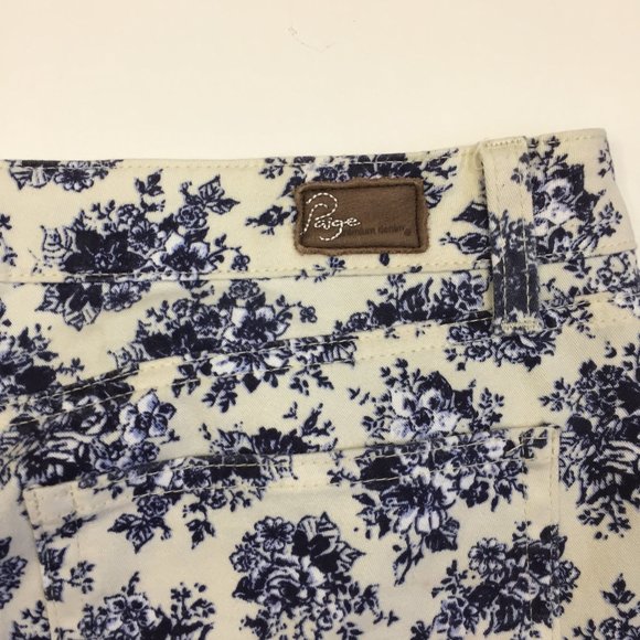 PAIGE Blue White Floral Print PEG 5 Pocket Logo Hardware Skinny Jeans - Picture 9 of 10
